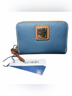 NWT Dooney & Bourke Blue Pebbled Leather Zip Card Case with Tan Trim